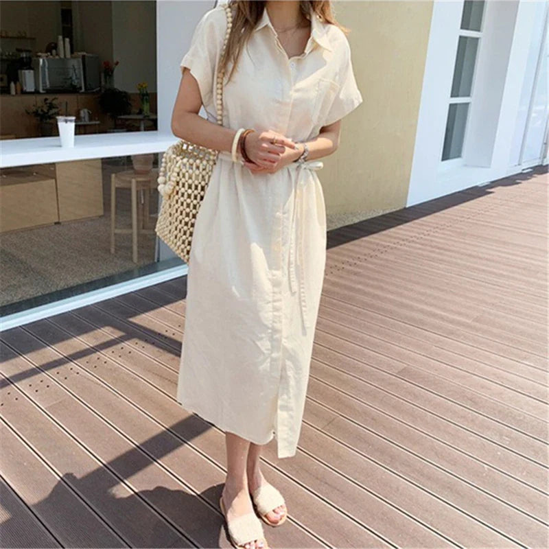 Cotton Linen Shirt Dress for Women High Waist Pocket Lace