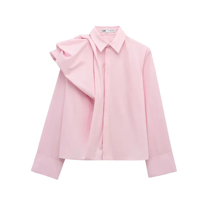 Women Poplin Shirt with Volume Shoulder Long Sleeve Pleated Cuffs Casual Cotton Blouse for Spring Party and Everyday Wear
