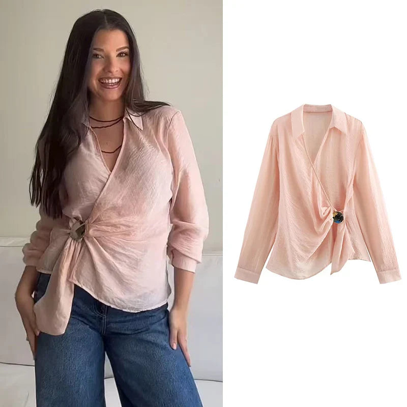 Casual Vintage Long Sleeve Women's Shirt with Solid Metal Buttons and Lapel Collar Lightweight Blouse for Spring and Summer