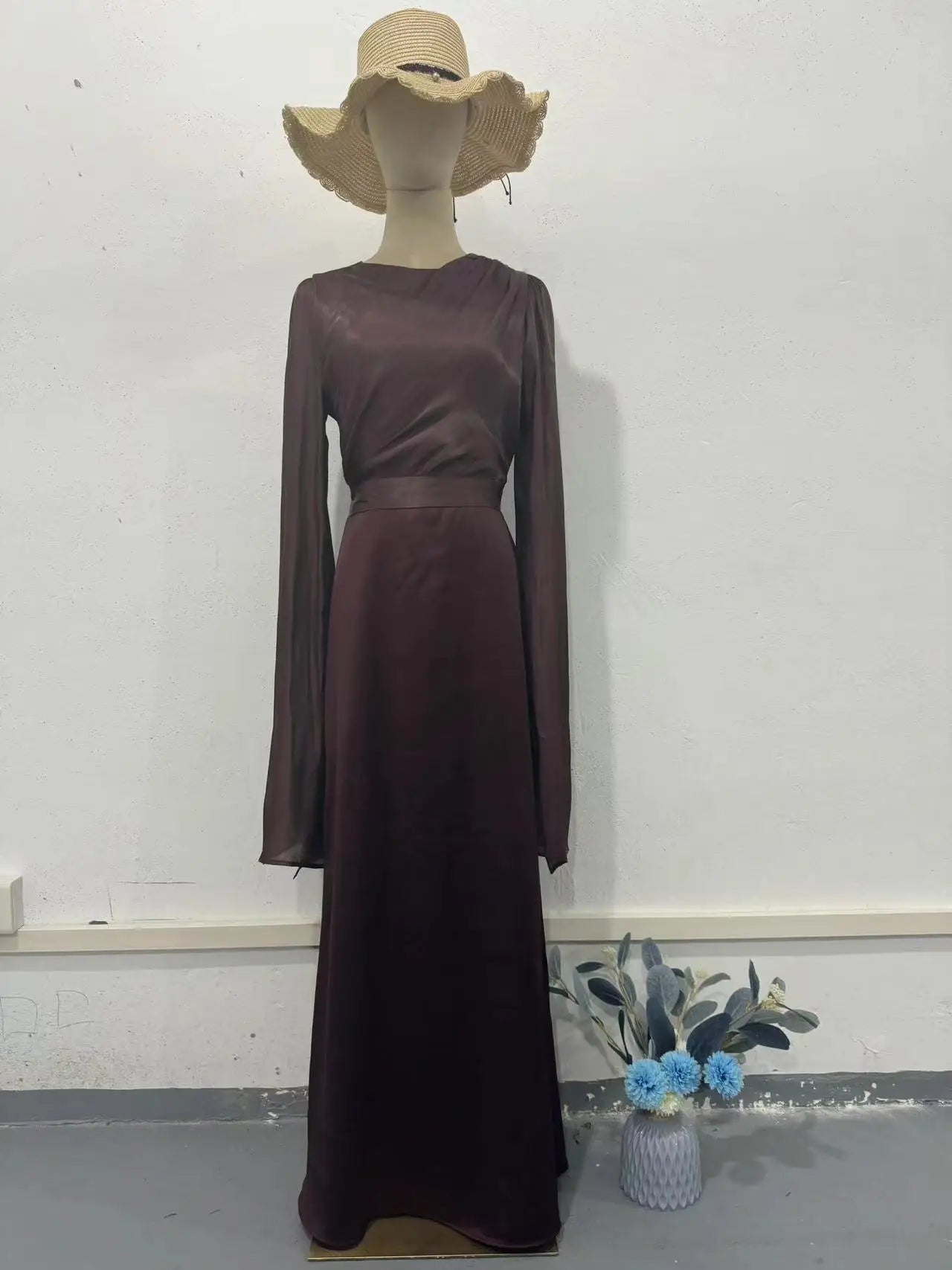 Summer Satin Long Sleeve Evening Gown Dress Slim Fit