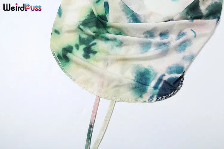 Backless Halter Bandage Tank Top and Mesh Ruffles Tie-Dye Skirt Two-Piece Summer Set for Women