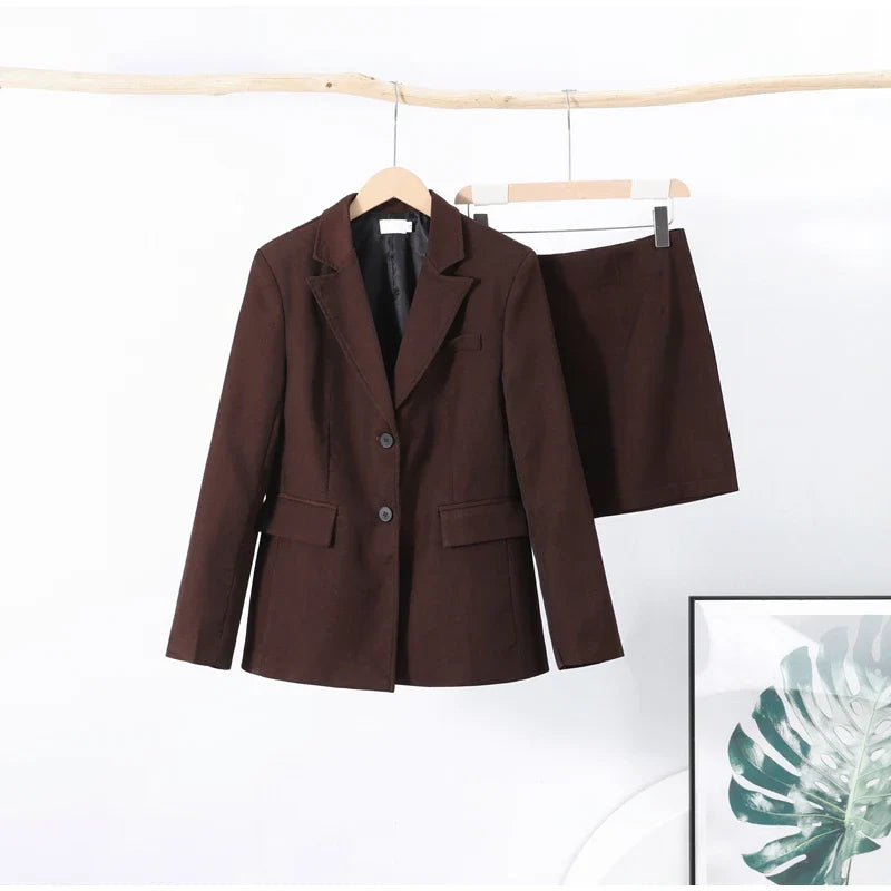 Elegant Women Blazer and Mini Skirt Set with Shoulder Pads Cinched Waist Suit Jacket and A-line Skirt Two-Piece Office Outfit
