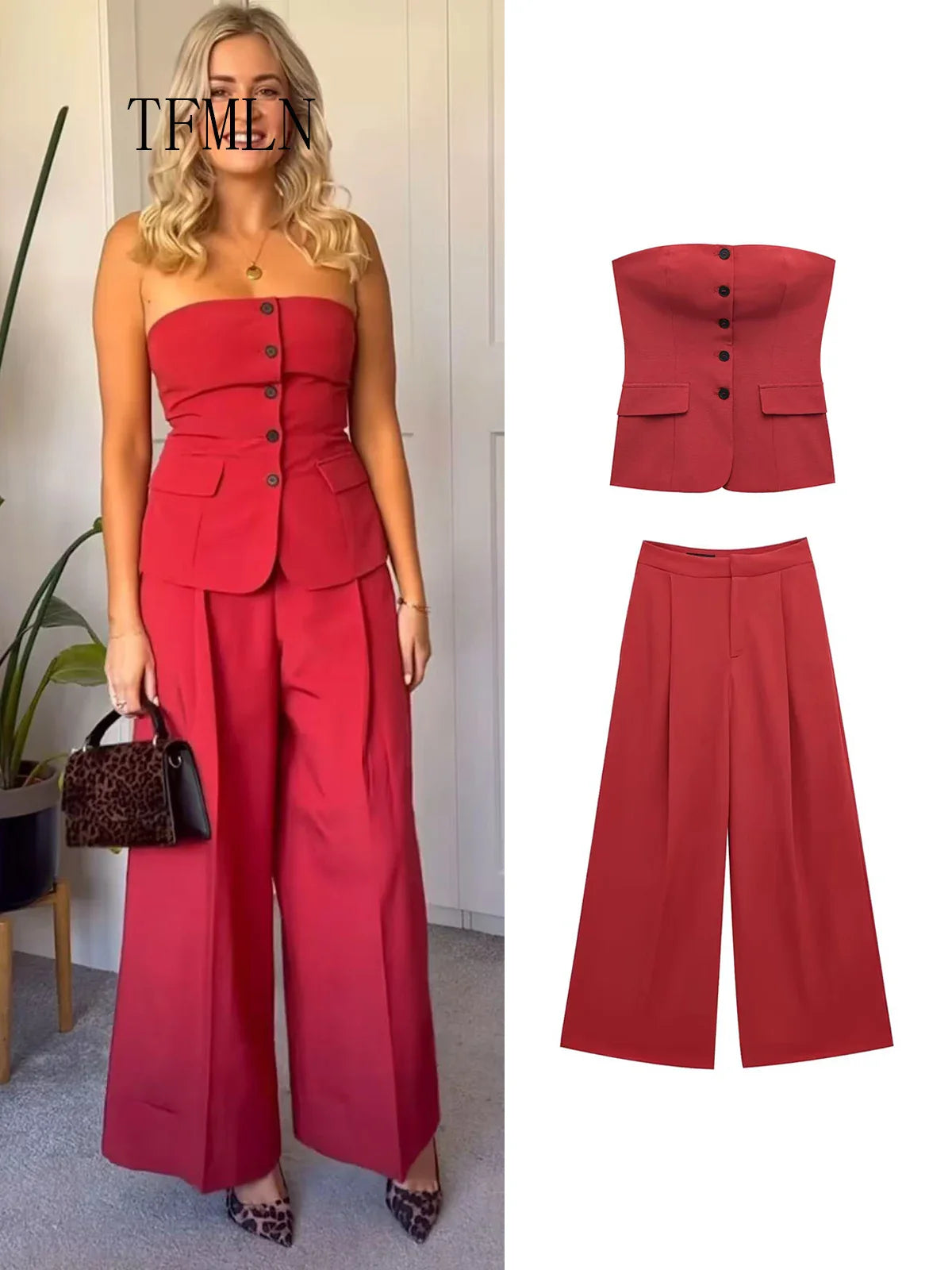 Elegant Red Pant Suit for Women with Front Button Decoration and Strapless Sexy Tank Tops, Wide Leg Trouser Fashion Streetwear