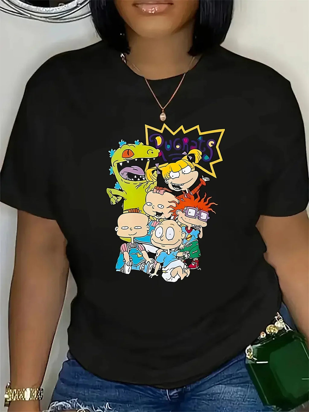 Women's Casual Cartoon Graphic Top Featuring Rugrats Characters in Comfortable Polyester Blend with Spandex