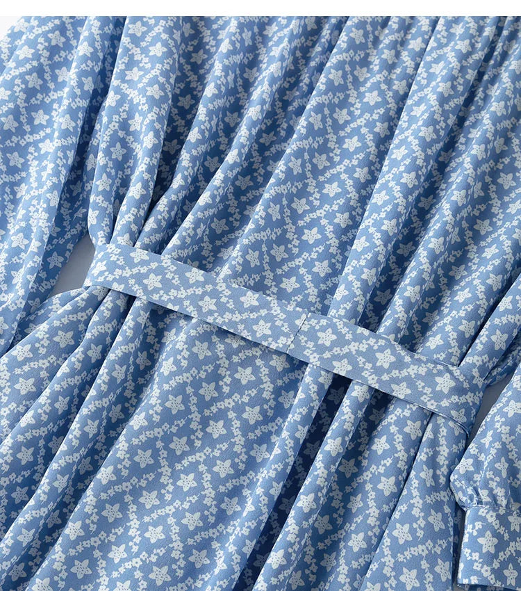 Silk Midi Dress For Women Blue Floral Ruffles V Neck