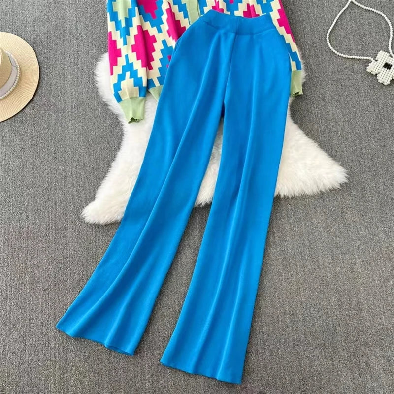 Casual Elegant Diamond Grid V-Neck Button Down Long Sleeve Top with Elastic Waist and Wide Leg Women's Suit Outfit