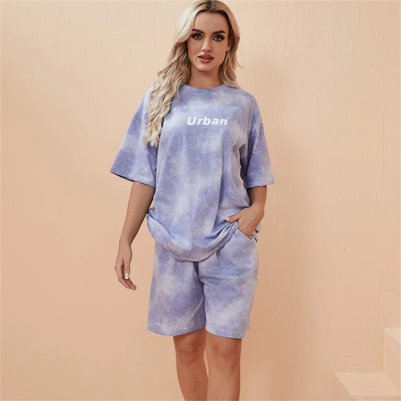2Piece Women's Tie Dye T-Shirt and Wide Leg Shorts Set Casual Loose Fit Soft Summer Outfit with Pockets