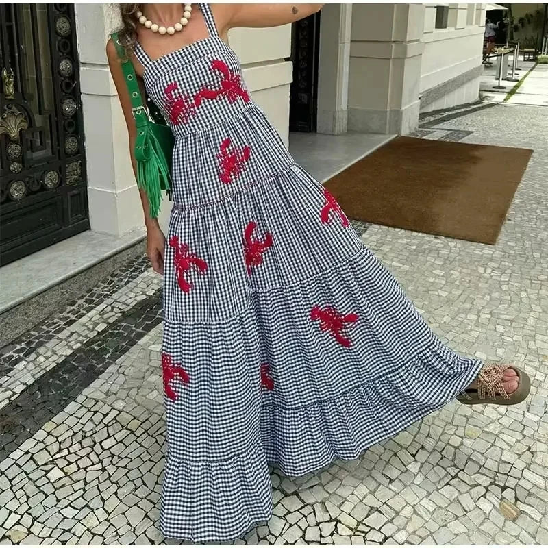 Embroidered Plaid Pleated Midi Dress Backless Beach Style