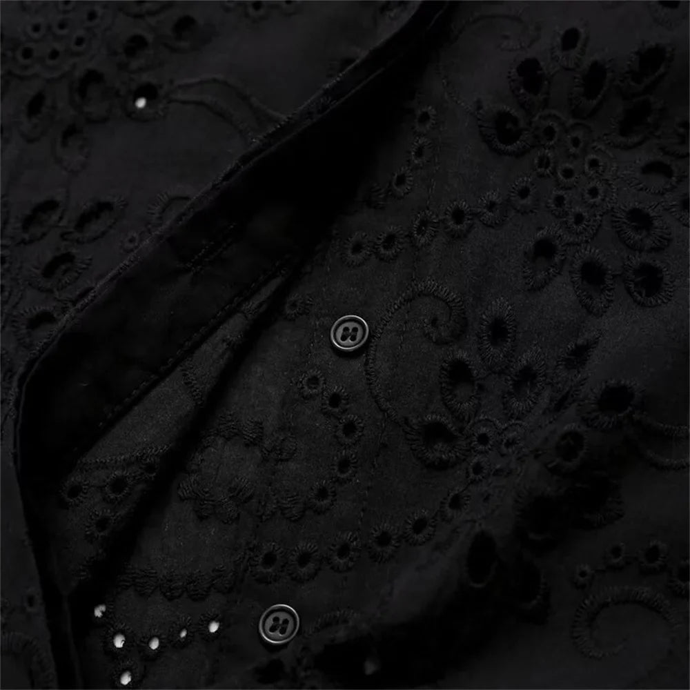 Women's Autumn Hollow Embroidery Poplin Lapel Single Breasted Shirt Stylish Slim Fit Office Casual Blouse