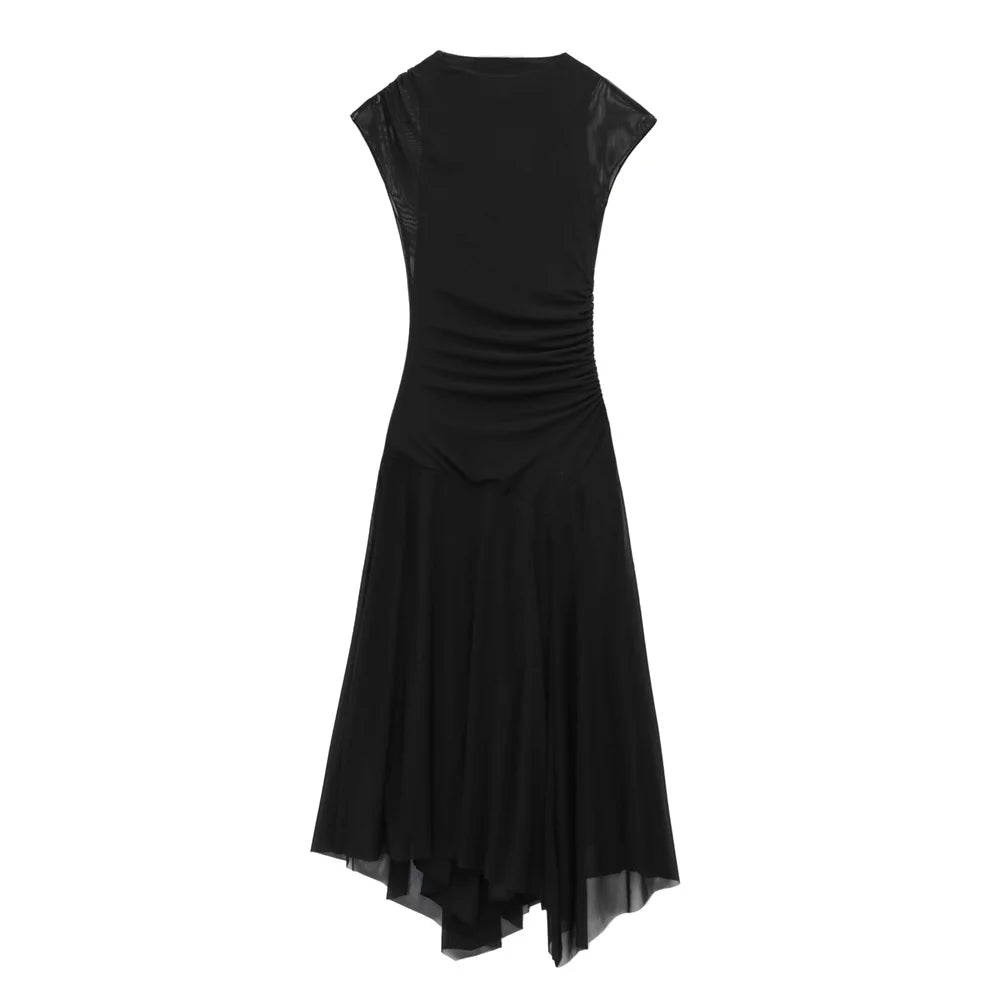 Pleated Silk Mesh Dress With Round Neck For Spring Summer