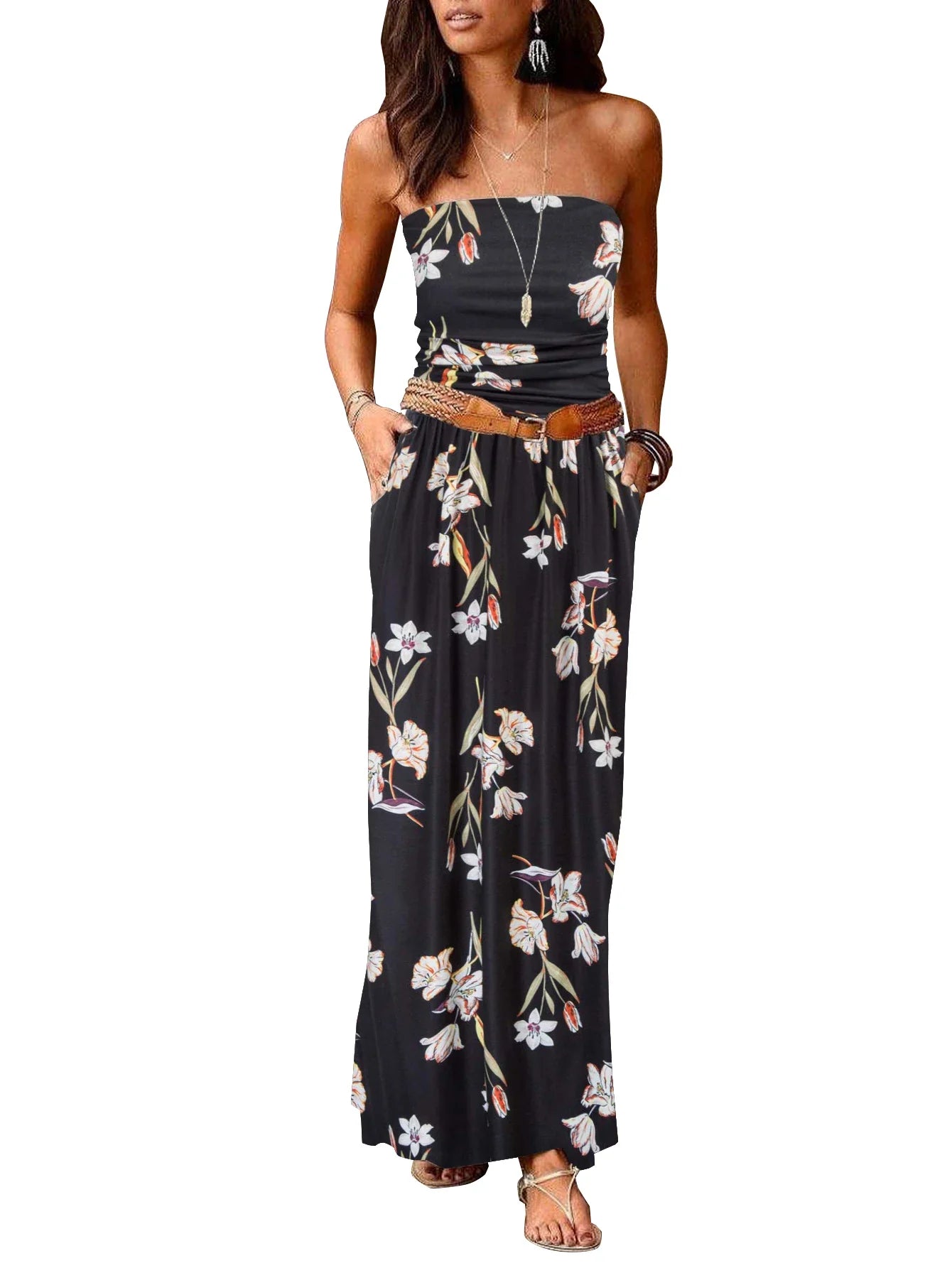 Strapless Maxi Dress With Pockets Pleated Off Shoulder