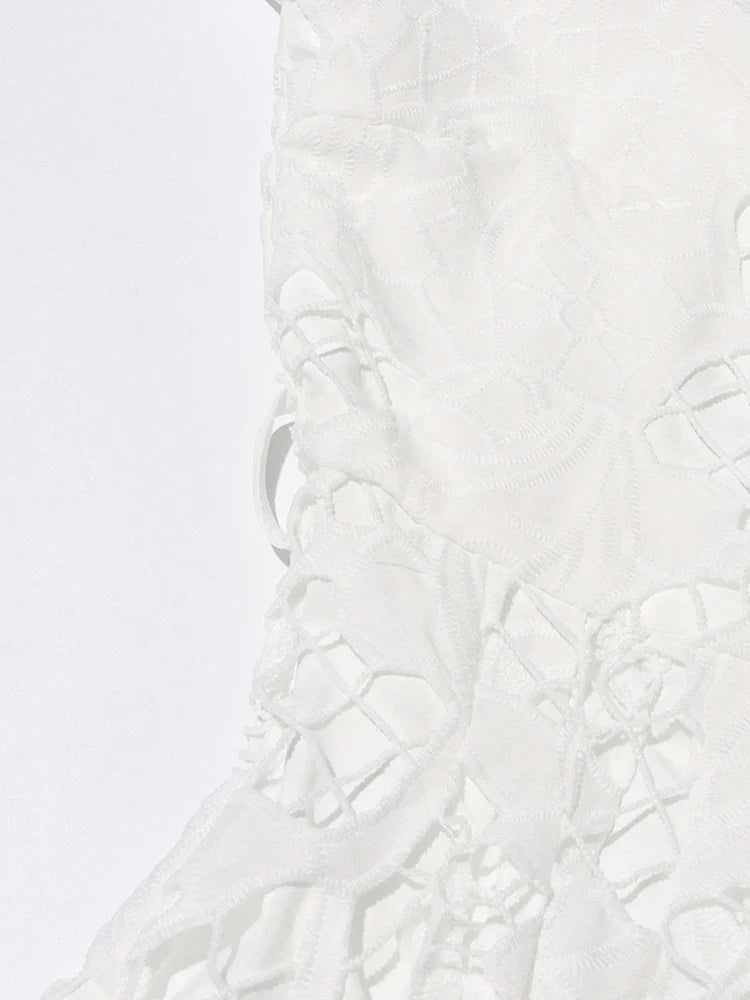 Patchwork Lace Hollow Dress Belted Lantern Sleeve For Women