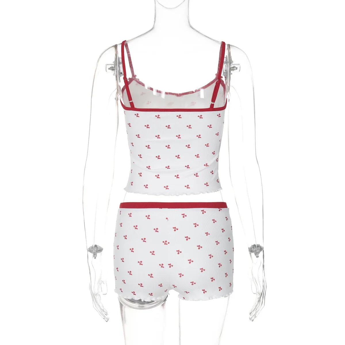 Cherry Print Two-Piece Matching Set with Slim Crop Camisole Top and Bow-Accent Shorts Summer Casual Festival and Workout Outfit for Women