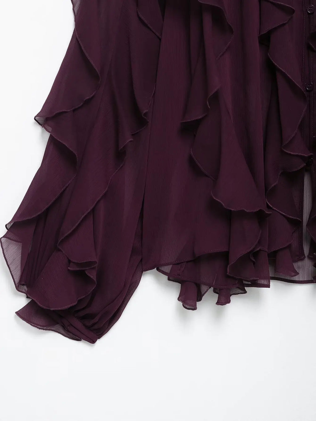 Women's Burgundy Ruffle Layer Casual Blouse Long Sleeve Loose Fit Button-Front Shirt High Street Fashion Top