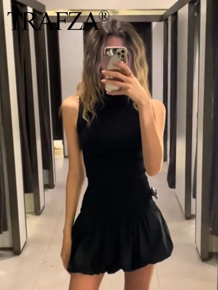 Pink Backless Mini Dress With Turtleneck Sleeveless Party