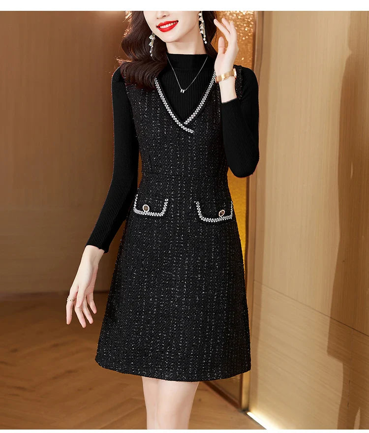 Women Tweed Sweater Vest Dress Two Piece Set For Office