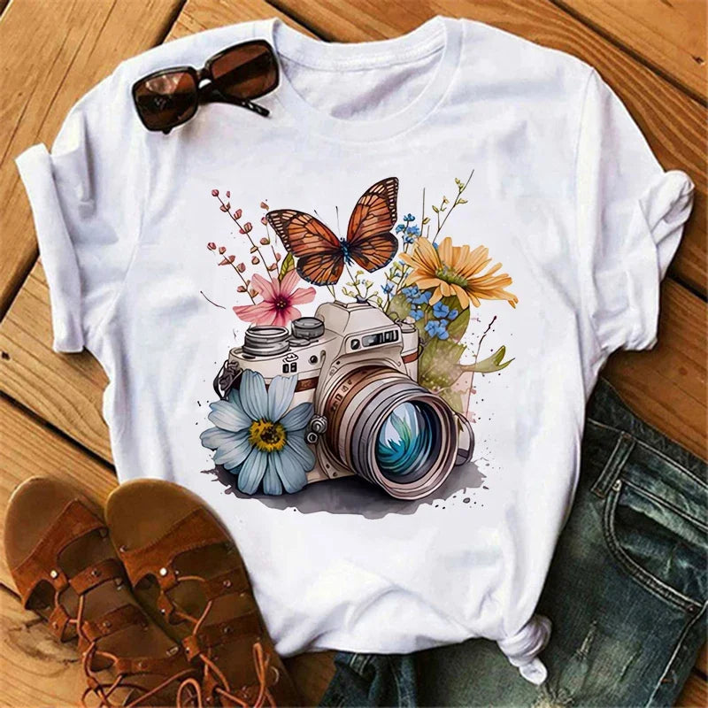 Women's Butterfly Tree Print Casual T-Shirt Round Neck Short Sleeve Summer Top