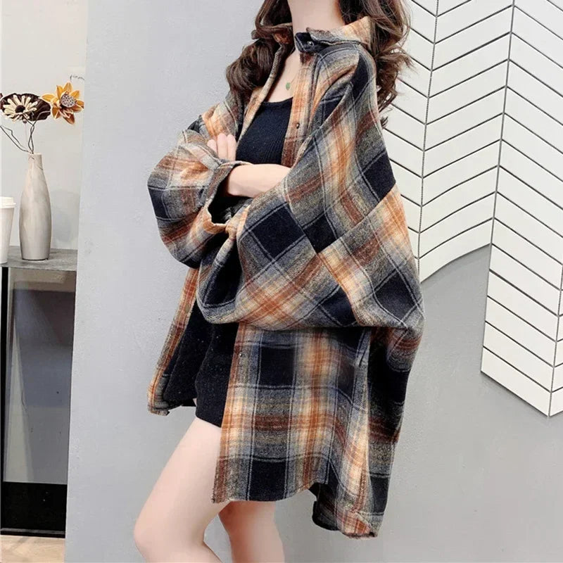 Women's Casual Blushed Flannel Shirt Long Sleeve Collared Button Down Plaid Blouse Fall Winter Vintage Top