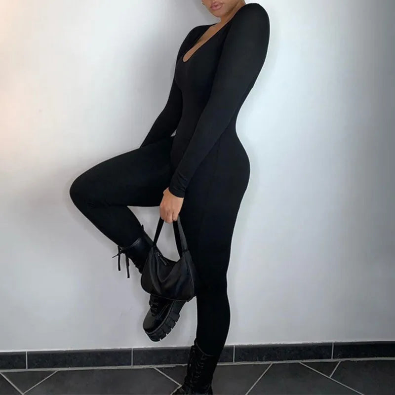Women's Black Long Sleeve Bodycon Jumpsuit Slim Fit Sexy Solid Romper Casual Sporty Skinny Streetwear for Autumn Winter