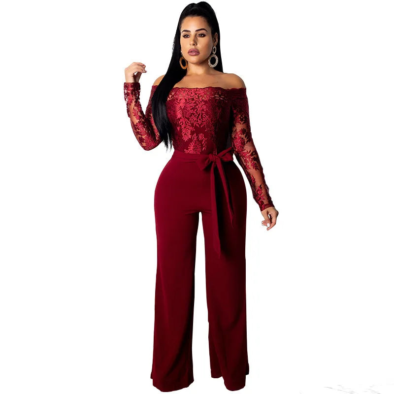 Appliques Lace Patchwork Off Shoulder Jumpsuit for Women with Slash Neck Long Sleeve and Elegant Wide Leg Pants Party Overalls