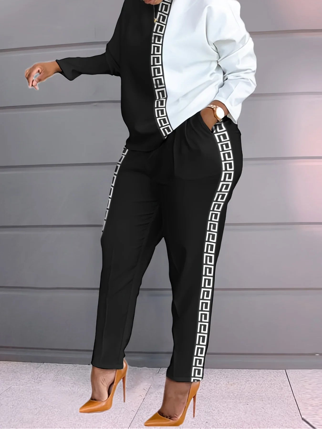 Women's Fashion Contrast Printed Long Sleeve Loose Casual Suit for Autumn and Winter