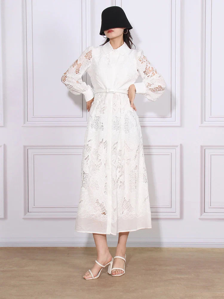 Patchwork Lace Hollow Dress Belted Lantern Sleeve For Women