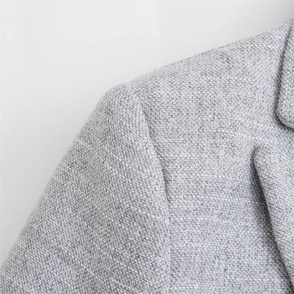 Women's Fashionable Short Double Breasted Casual Suit Coat with High Waist Straight Leg Trouser Set