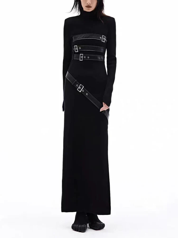 Spliced Belt A Line Dress For Women Stand Collar Sleeve
