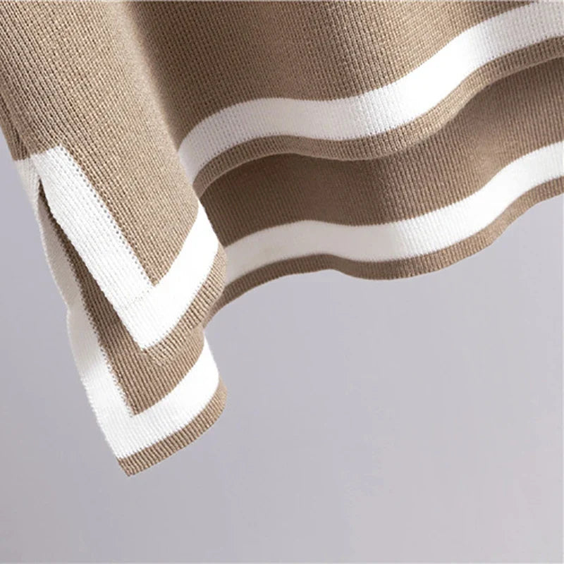 Spring Women Knitted Sweater Set Casual Pullover and Pant Outfit with Color Contrast Block Design