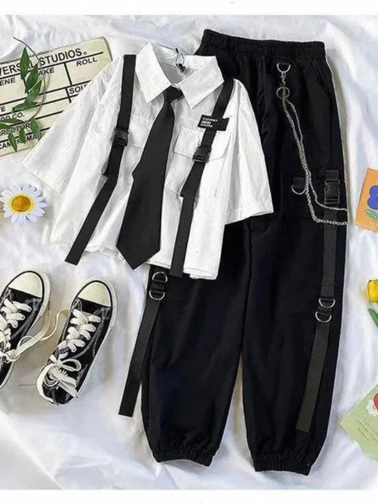 Casual Streetwear Cargo Pants Set with Chain and Harajuku Style Shirt for Women - Two Piece Loose Joggers and Blouse Outfit in Black and White