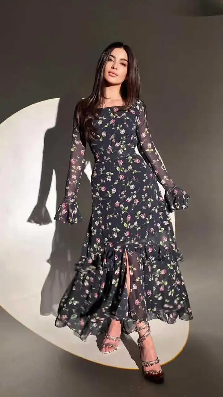 Elegant Printed Chiffon Maxi Dress With Lotus Sleeve Details