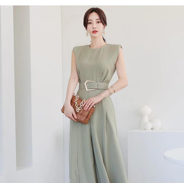 Elegant Women's Business Jumpsuit O-Neck Wide Leg Split Trousers Long Casual Workwear Romper