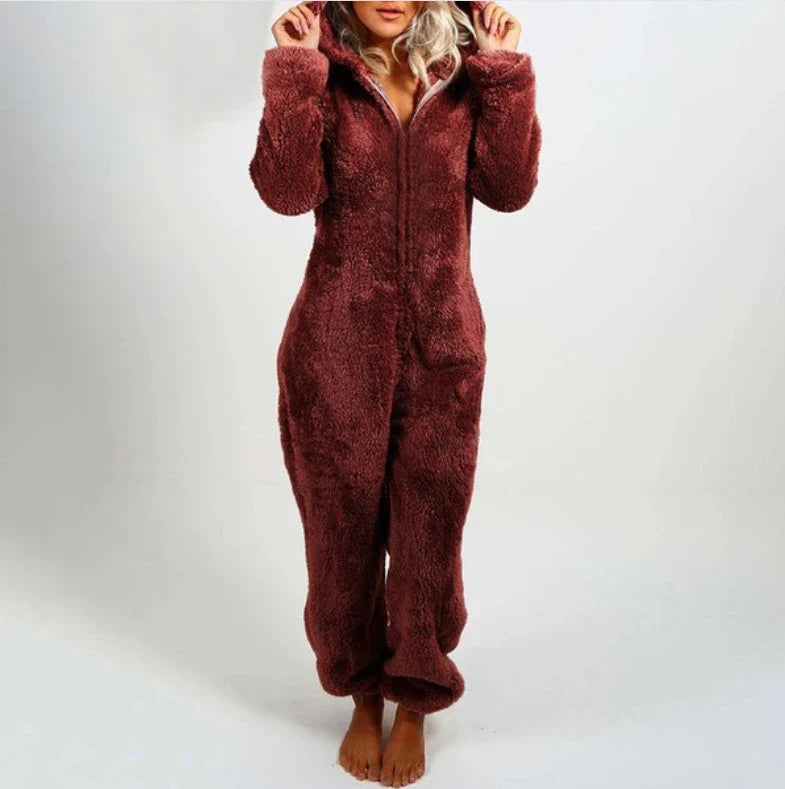 Women's One-Piece Hooded Jumpsuit Thickened Full-Length Overalls Cozy Autumn Winter Wear