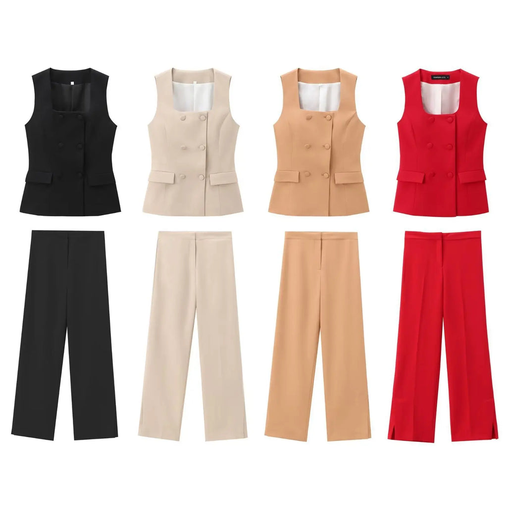 Women Two Piece Wide Leg Pant Set for Office Style with Vest Top and Split Straight Leg Pants