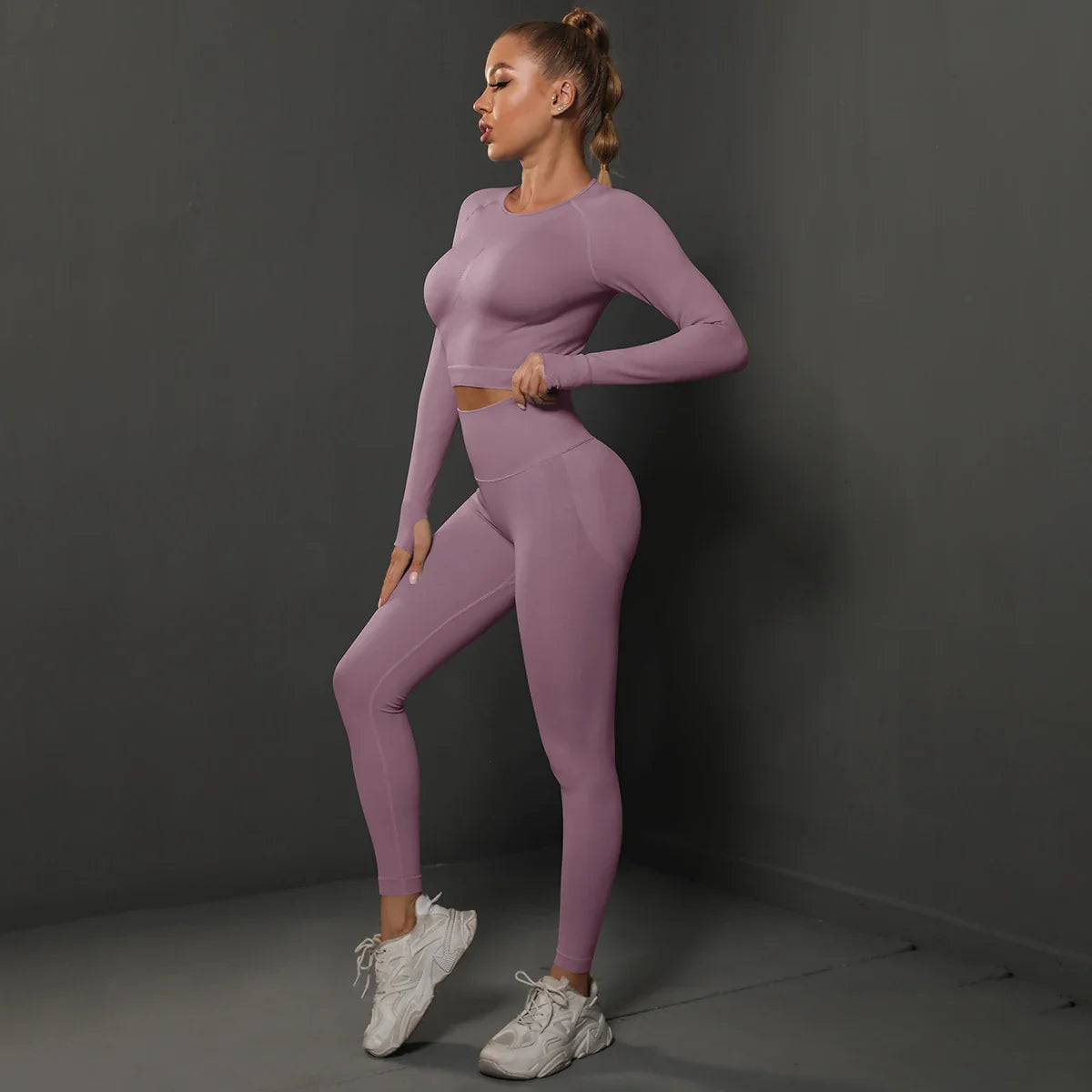 2Pcs Women Seamless Energy Gym Set Bubble Butt Sports Leggings and Long Sleeve Push Up Running Tracksuit Tights Activewear Set