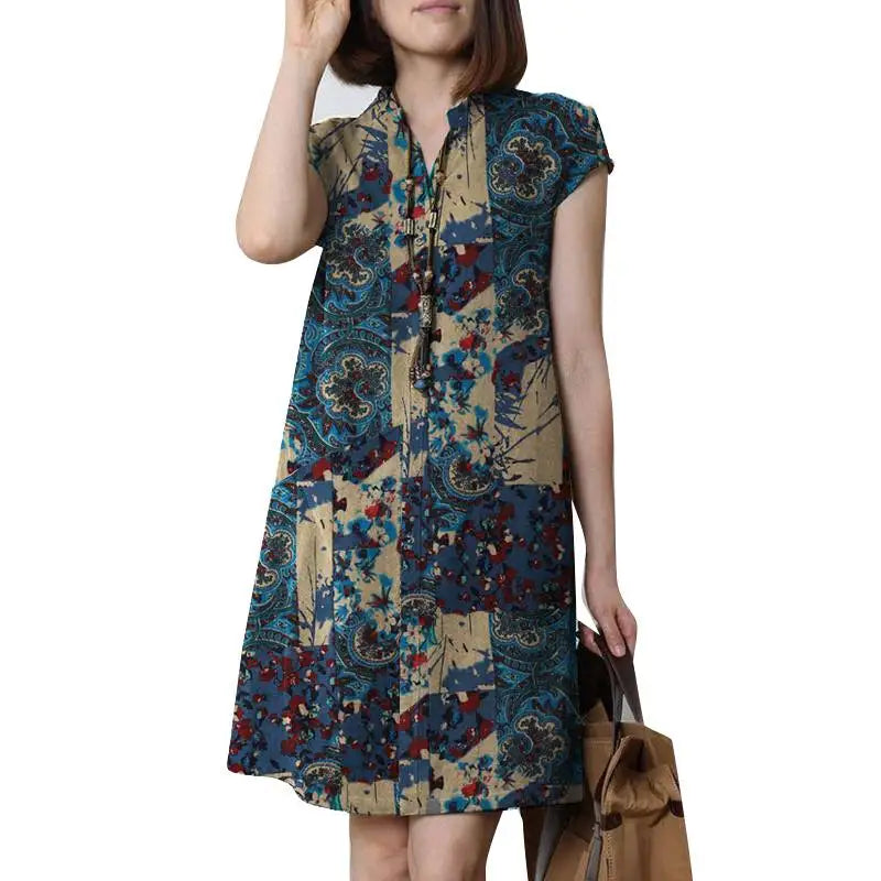 Bohemian Floral Knee Length Sundress For Summer Vacation