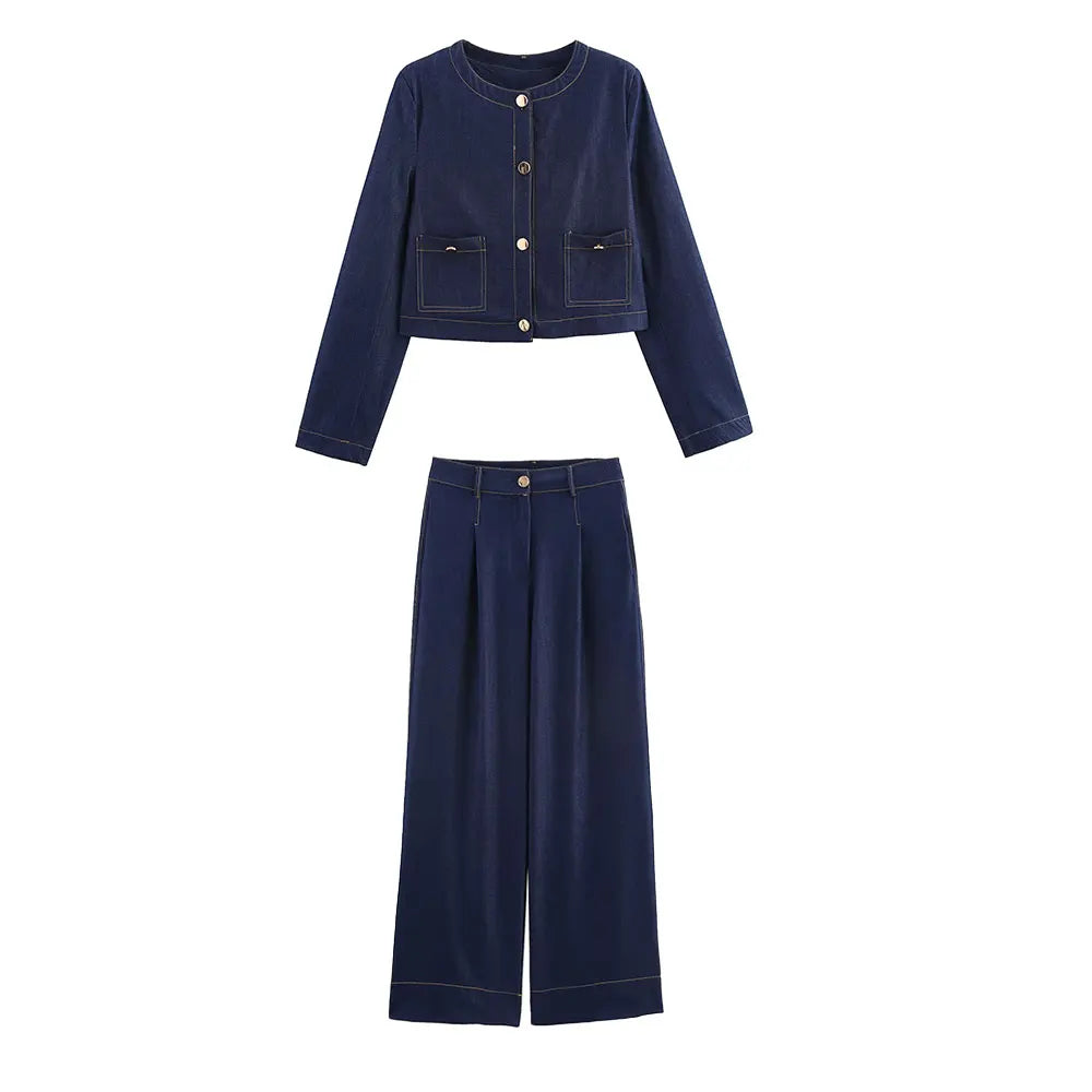 Women Fashion Denim Jacket and Jeans Set with Pockets Stylish Two Piece Outfit