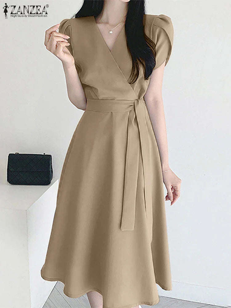 V Neck Midi Dress For Women Solid Cap Sleeve A Line