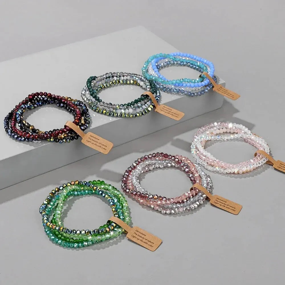 4 Pieces Multi Color Faceted Glass Beads Stretch Bracelet Set for Women
