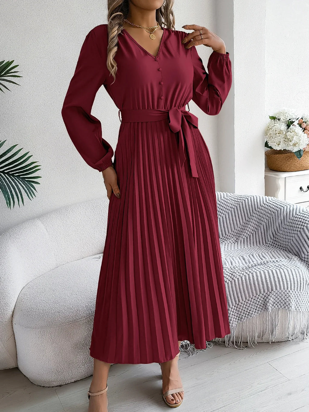 Elegant Autumn V Neck Belted Pleated Long Sleeve Dress