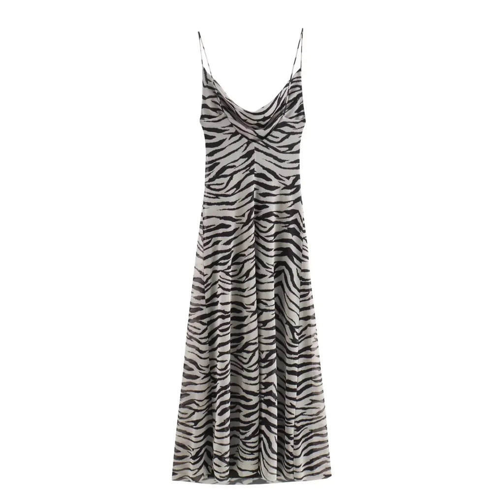 Leopard Zebra Print Tulle Slip Dress Midi Backless Party