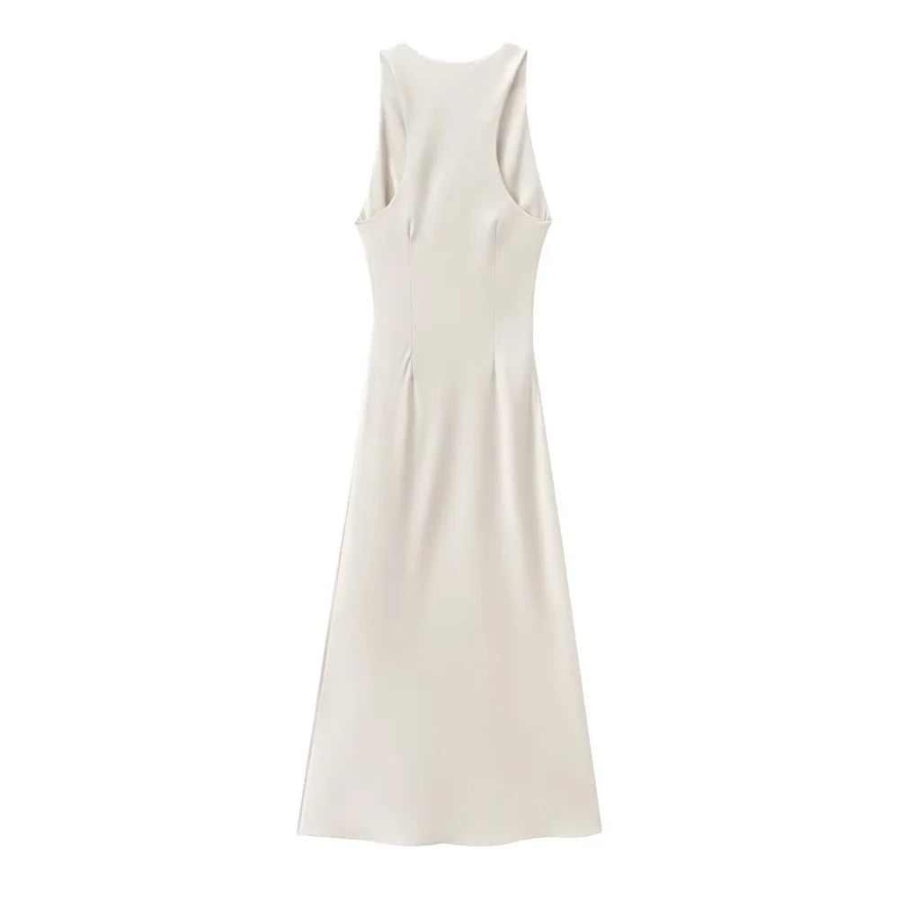 Silk Sleeveless Midi Dress Slim Fit For Office Wear