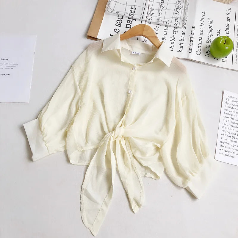 Women Buttoned Up Chiffon Blouse Tied Waist Crop Top Office Lady Shirt Thin and Lightweight