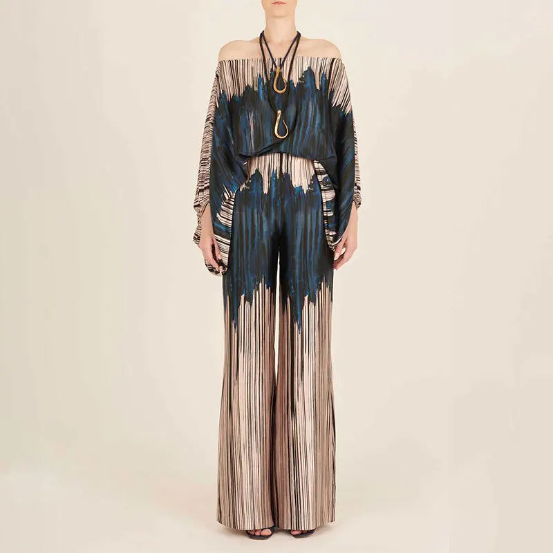 Women's Off Shoulder Satin 2-Piece Set with Lantern Sleeve Top and Wide Leg Pants for Elegant Office Wear