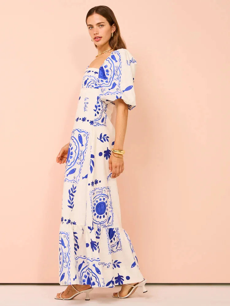 Bohemian Printed Lantern Sleeve Maxi Dress With Collar
