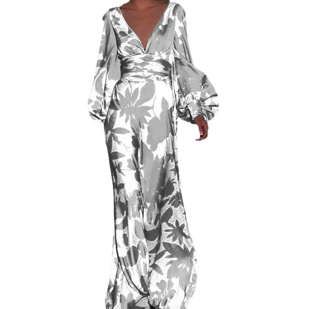 Printed Womens V Neck Lantern Sleeve Long Evening Dress