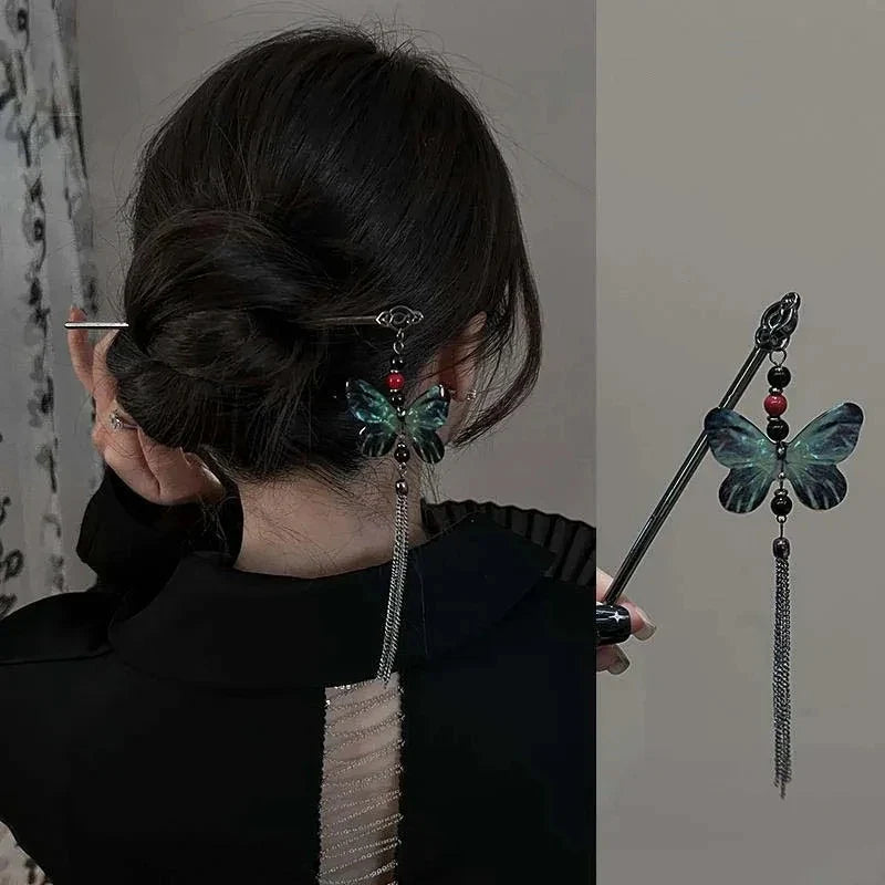 Chinese Style Vintage Butterfly Flower Hair Stick with Tassels for Women Hair Accessories
