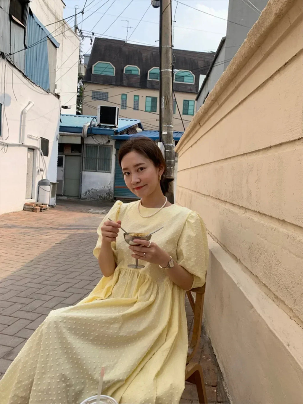 Women Polka Dot Puff Sleeve Long Dress Casual Party