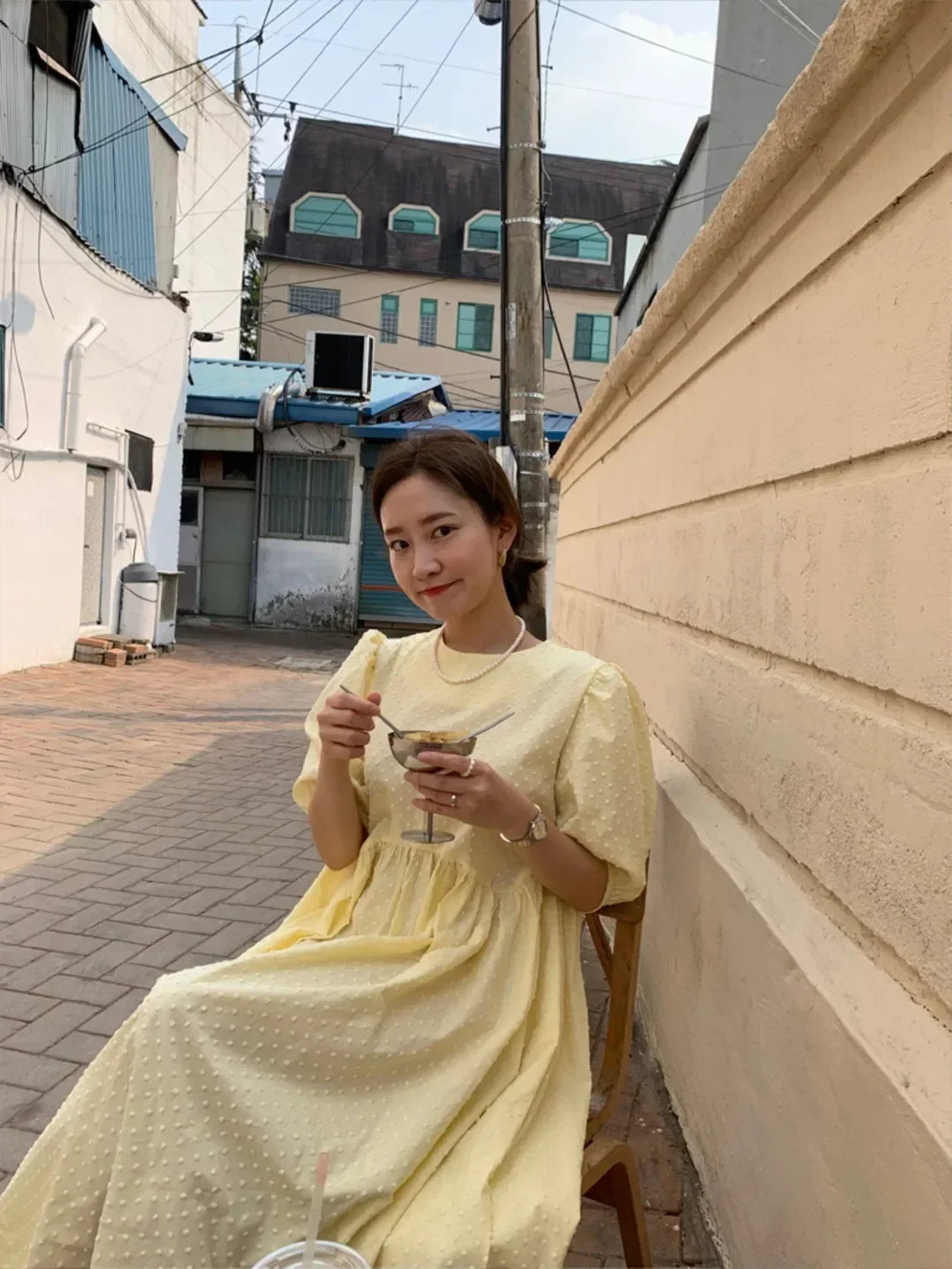 Women Polka Dot Puff Sleeve Long Dress Casual Party