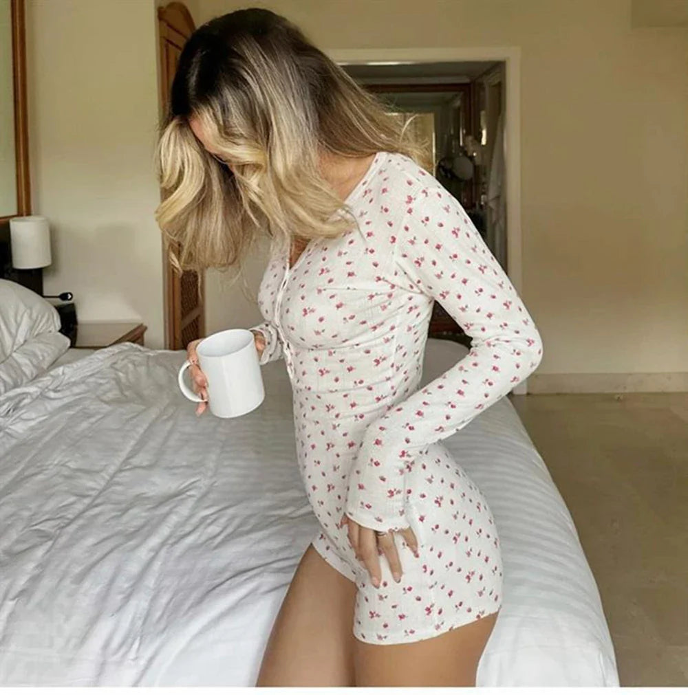 Womens Yoga Long Sleeve Floral Jumpsuit V Neck Button Slim Fit Stretch One Piece Playsuit Romper Sexy Fitness Activewear